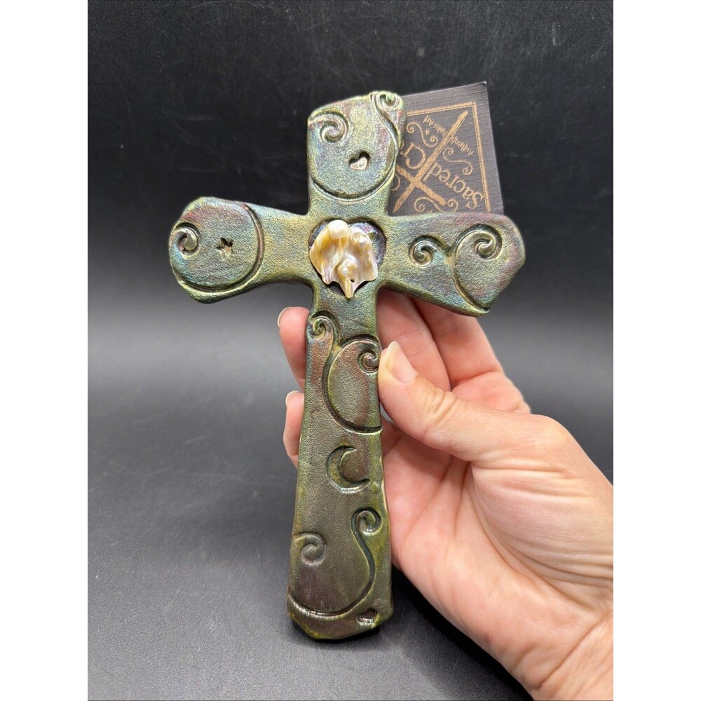 Raku Pottery Jeremy Diller Signed Handmade Cross W/Bead & Swirl Design 7”